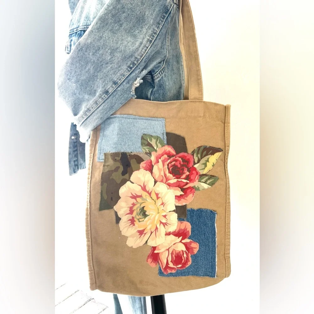 Floral Canvas Tote with Red and Blue Accents - Picture 3 of 3
